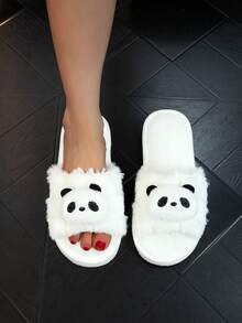 可爱的毛茸茸露趾拖鞋。轻便舒适的室内家居鞋，时尚女士款，四季保暖，白色 - 白色 - 查看 4