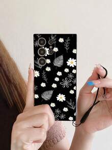 1pc Black TPU Daisy & Leaf Print Shockproof Phone Case With 1pc Black Silicone Wrist Strap, Compatible With IPhone, Compatible With Redmi 10/9/Note9/12C/Note11Pro/Note8Pro/9C/9A Protective Phone Case - Multicolor - View 3