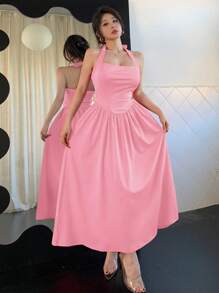 Simple Solid Color Women's Long Dress Suitable For Vacation, Pink Sweet Style Women's Backless Hanging Neck Dress