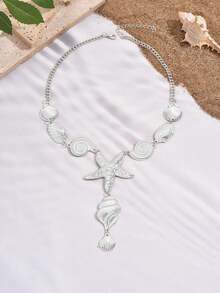 1 件不对称 Y 形贝壳和海星装饰金属项链，度假风格