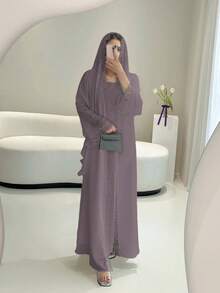 Lace Trim Open Front Robe Set, Includes Sleeveless Lining Dress And Chiffon Scarf - Lightweight, Elegant, Breathable, Suitable For Spring/Summer - Purple - View 3