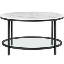 Tavolino da Salotto Rotondo, Tavolino da Caffè, 80 x 46 cm /65 x 46 cm,Tavolo con Piano Effetto Marmo, Ripiano in Vetro Temperato, Montaggio Facile, Moderno, Soggiorno, Bianco Marmo e Nero Inchiostro - Bianco - Visualizzare 10