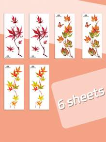 6pcs Red & Yellow Maple Leaf Temporary Waterproof Tattoo Sticker, Fashion Body Art Arm Sleeve Fake Tattoo For Men Women Party Festival Body Makeup
