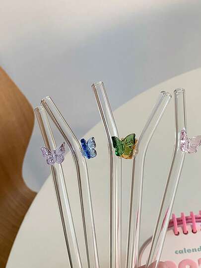 6Pcs Butterfly Charm Reusable Straws - Enchanted Drinking Set For Wedding/Bridal Showers, Whimsical Glass Straws With Cleaning Brush, Party Supplies, Fairy Garden Cocktail Accessories, Perfect For Bachelorette Party & Bridal Engagement Decor Gift, Girlfriend Gift