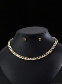 1 Set mit 3 Stücken orientalischer Stil minimalistischer Zirkonia Halskette & Ohrringe Set, elegant für Braut-Hochzeit, formelle Party, Verlobung, hochwertiges Schmuckgeschenk für Frauen