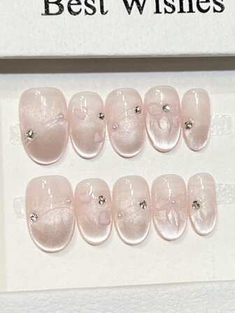 10 件夏季粉色猫眼法式蝴蝶结心形水钻手工亚克力按压指甲短椭圆形假指甲，带果冻胶和指甲锉，DIY 美甲用品，适合情人节音乐节学校旅行