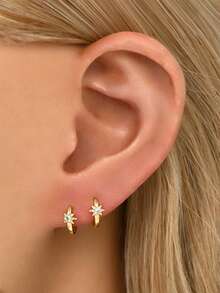 1pc 925 Sterling Silver Small Star Ear Cuff Earring, Golden Octagonal Star Celestial Ear Cuff Earring, Suitable For Women's Daily Wear (Sold Individually, Not A Pair) - Single Diamond Eight-pointed Star Earrings - View 10