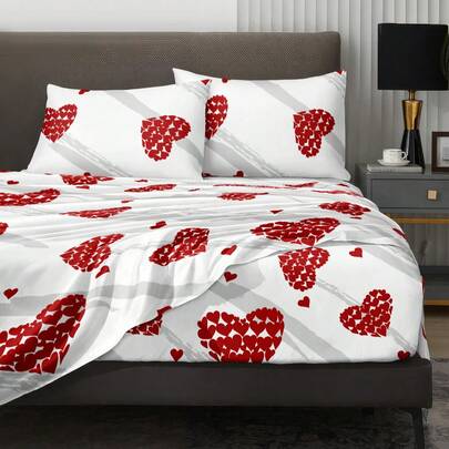 4pcs/Set White Red Heart-Shaped Love Pattern Sheet Set Easy Care Microfiber Soft Bedding Set Floral Fitted Sheet Set (1pc Flat Sheet+1pc Fitted Sheet+2pcs Pillowcases) Fitted Sheet Set King Queen Full TWIN SIZE Sheet Deep Pocket Up To 11.8 Inch Pillowcase, Soft Breathable Wrinkle-Free Better For Sleep, Luxury Hotel Style, Gift For Mom Dad Friend Domitory Bedding Back School Bedding