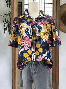 Blusa plisada con botones y estampado floral de manga corta, de moda para mujer en primavera y verano, de uso casual