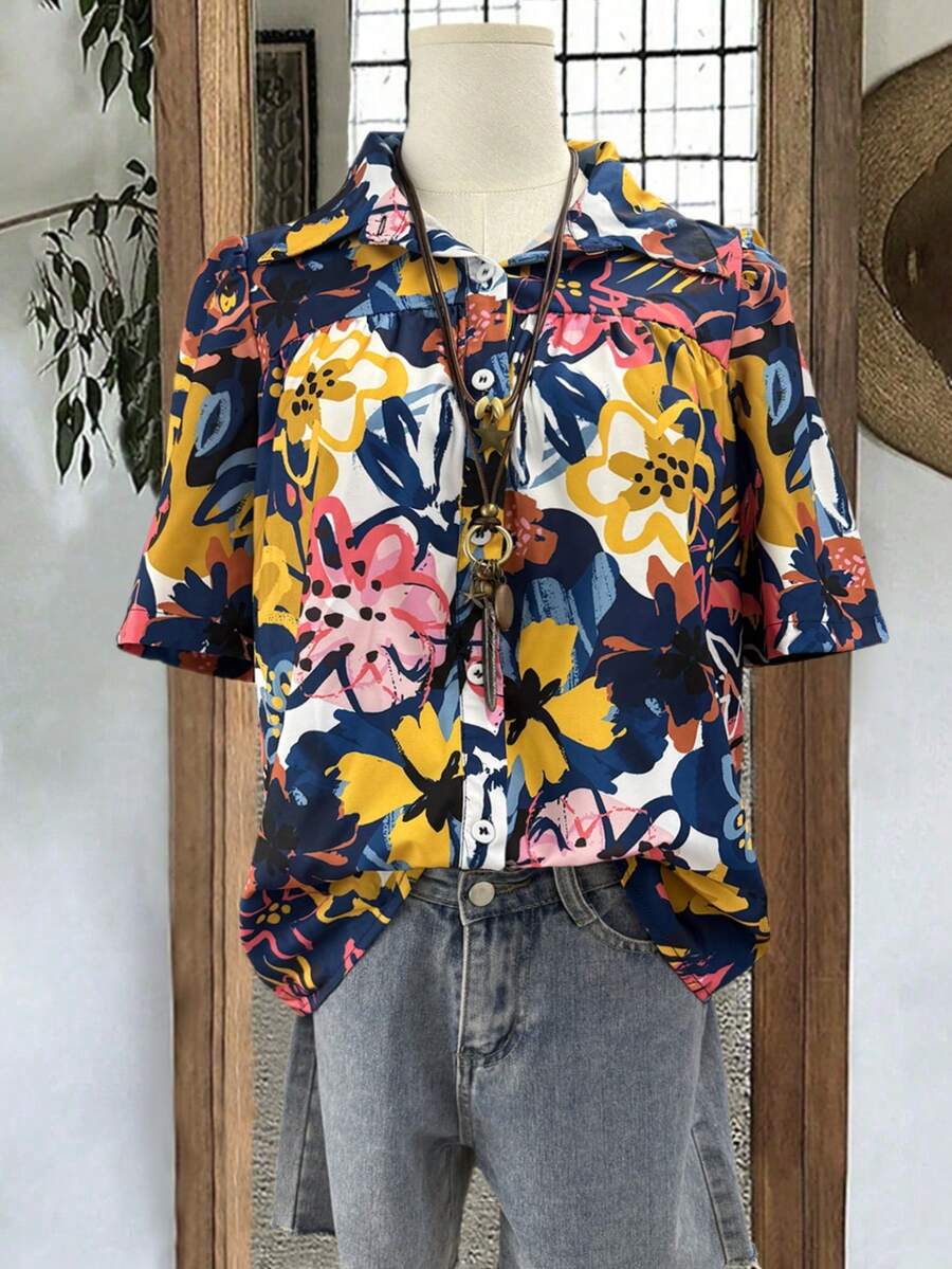 Women's Casual Pleated Button Printed Short Sleeve Shirt, Spring/Summer - Multicolor - View 1