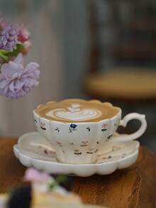 1 bộ tách cà phê và đĩa lót họa tiết hoa nhỏ kiểu Pháp, cốc nghệ thuật Latte, cốc cà phê bằng gốm, quà tặng cho bạn gái - Nhiều màu - Xem 4