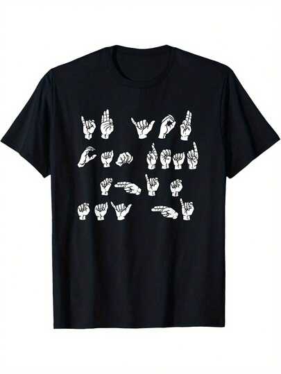 Camiseta gráfica de hombre% algodón - Diseño de saludo en lenguaje de señas estadounidense, negra con estampado de manos blancas, camiseta casual de cuello redondo y manga corta, suave y cómoda para todas las estaciones