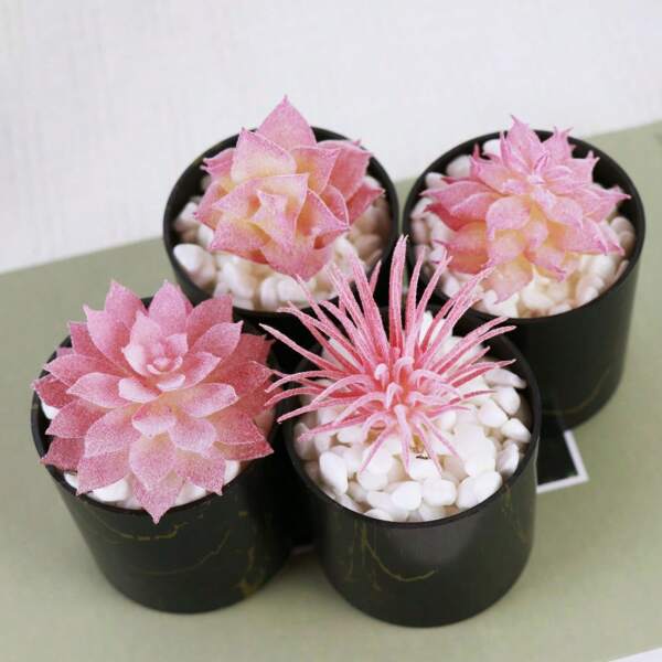 2pcs Pink Artificial Plants & Succulents In Black Faux Marble Pot, Cute Fake Succulents Suitable For Office, Desk, Bathroom, Bedroom, Shelf, Bookcase, Home Decor, Holiday, Mother's Day, Anniversary, Thanksgiving Gifts