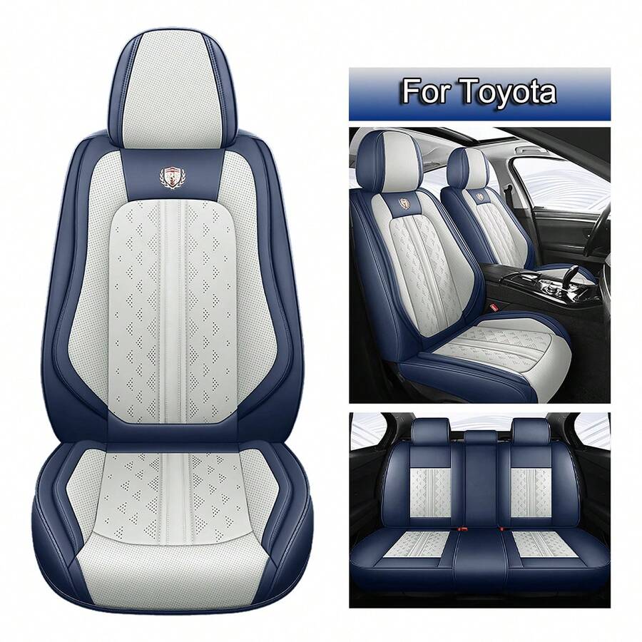 JDWBT Car Seat Covers Full Set 5 Seat, Fit For T0yota Hybrid RAV4, Camry, Corolla, 4Runner, Prius, C-HR, Avalon, Crown, NAPPA Leather Automotive Seat Covers For Cars, Universal Car Front Seats And Back, Adjustable Car Seat Protector - 藍白 - 查看 1