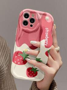 1 件时尚腕带草莓印花加厚高防摔手机壳带支架，兼容 Apple 及系列防水防震防摔防刮