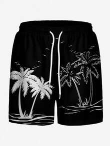 男士加大码休闲假日户外椰子树 3D 数码印花抽绳腰部轻便宽松短裤、沙滩裤，适合日常和度假 - 黑色 - 查看 2
