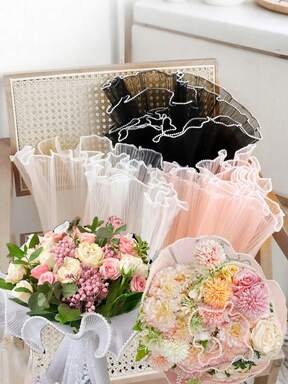 2 piezas de papel de envolver floral con perlas arrugadas, papel de embalaje de flor de organza con perlas arrugadas, papel de malla floral DIY con onda arrugada, adecuado para suministros de florería de boda, aniversario, cumpleaños, decoraciones de fiesta de vacaciones, papel de regalo de graduación