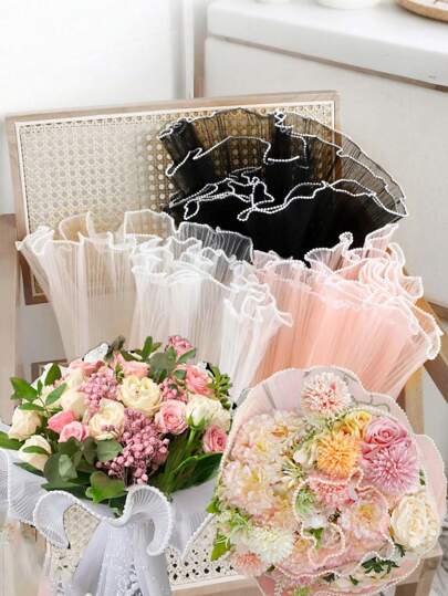 2 Piezas de Papel de regalo arrugado con flores de perlas falsas, papel de envolver de organza arrugada con flores de perlas falsas para arreglos florales, papel de gasa de red floral DIY con ondas arrugadas, para suministros de floristería para bodas, aniversarios, cumpleaños, fiestas, decoración de vacaciones y regalos de graduación