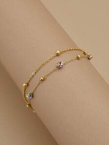 1pc Double Layer Sparkling Blue Rhinestone Beaded Stainless Steel Anklet/Bracelet For Women (Handmade Chain, Bead Quantity May Vary, Actual Length Prevails) - Yellow Gold - View 7