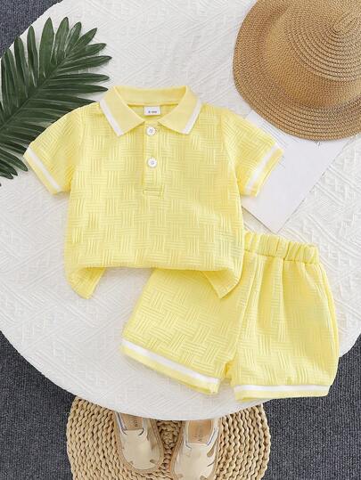 男婴/女婴纯色舒适面料上衣和短裤套装，夏季