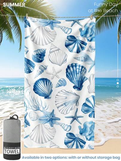 1 pieza Toalla de playa estampada, toalla de baño con estampado de conchas, toalla de baño de estilo de moda, toalla de baño súper absorbente para baño, natación, gimnasia, yoga, toalla de microfibra suave y cómoda, ligera y portátil, protección contra el viento y el sol, resistente a la  para viajes de verano, vacaciones, decoración de baño, disponible con o sin bolsa de almacenamiento, se recomiendan tamaños regulares y talla grande grandes (toalla de 35*75cm de tamaño pequeño, se recomiendan 150cm o talla grande)