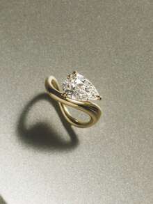 1pc Fashionable European & American Style Copper-Plated Teardrop Zirconia Ladies Single Ring, Engagement, Proposal, Daily Accessory, Anniversary, Birthday, Holiday Gift - Gold - View 4