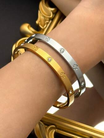 צמיד פלדת טיטניום 1/2 יחידות, מלוטש במראה, מצופה בוואקום, לא דוהה בקלות, זירקוניה, תלתן בעל ארבעה עלים, סגנון אופנתי וקלאסי, מתאים ללבוש יומיומי, חתונה ושמלת ערב בבית הספר, תכשיטי זהב תכשיטי נשים צמידי נשים אביזרים תכשיטי נירוסטה לנשים צמידי נשים תכשיטים מערביים