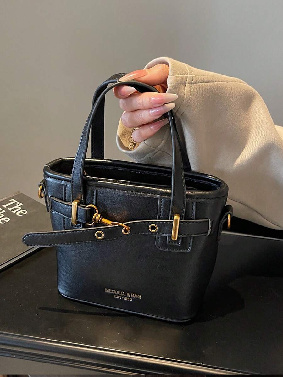 Faux Leather Solid Color Mini Bucket Bag, Versatile Casual Handbag And Shoulder Bag