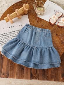 Girls' Casual Outdoor Denim Skirt With Ruffle Hem