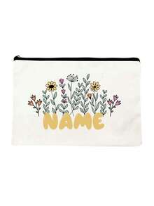 [Custom Made] Polyester Flower Design Cosmetic Bag For Women - Waterproof, Large Capacity,Personalized Name,Unscented, Portable Zip Makeup Pouch, Travel Essential, Gift For Flower Lovers - Exclusive Gift - Beige - View 7