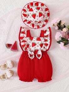 Baby Girls Valentine's Day Sunflower Bow Criss-Cross Strap Romper + Hat - Red - View 3