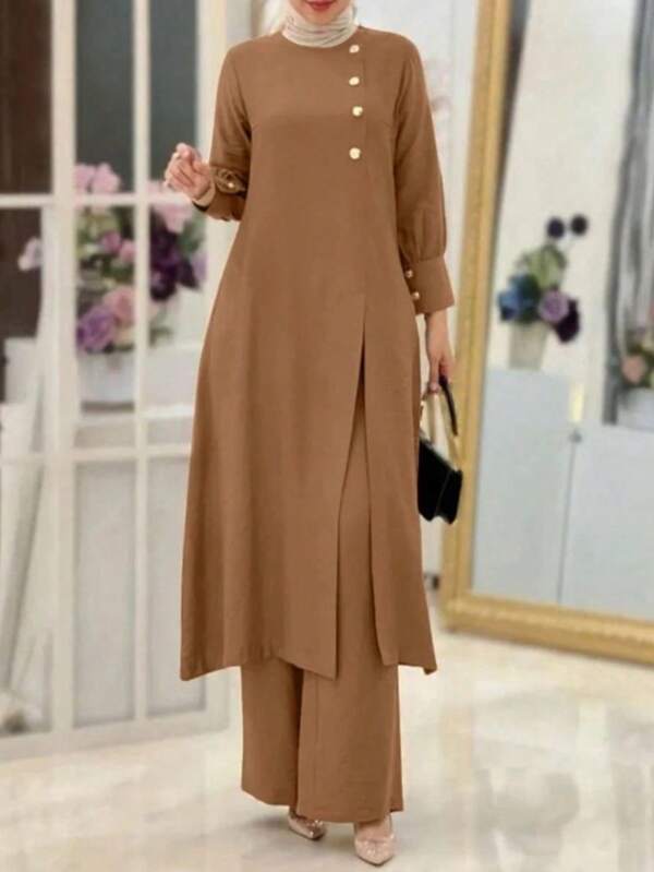 Women's Elegant Casual Brown Solid Color Round Neck Long Sleeve Dress With Front Slit, Elastic Waist Wide Leg Pants 2 Pieces Set, Arabic Style