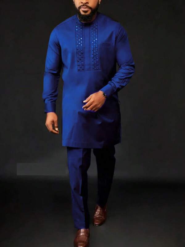 Conjunto tradicional y casual de 2 piezas con camisa de manga larga con cuentas, pantalones y bata estilo africano para hombres