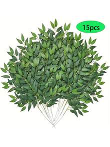 15 peças de caule artificial italiano de folha verde - planta falsa com caule de folha de salgueiro/eucalipto, decoração de videira suspensa de plástico multifuncional, decoração moderna e simples para casa, adequada para arcos de casamento "faça você mesmo", decoração de centro de mesa, casamento, decoração para festa | Natal, Ação de Graças, decoração de outono | Plantas artificiais para áreas externas sem necessidade de manutenção