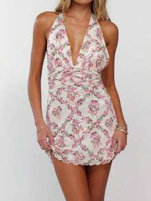 Womens Boho Floral Print Halter Neck Bodycon Dress Summer V Neck Sleeveless Backless Ruched Party Mini Dress Beach Vacation Sundress - trắng - Xem 1