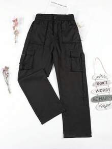 Vaqueros oscuros de mujer, estilo de cintura alta y pierna ancha con bolsillos tácticos, ideales para salidas diarias, compras, viajes y moda casual - Negro - Ver 1