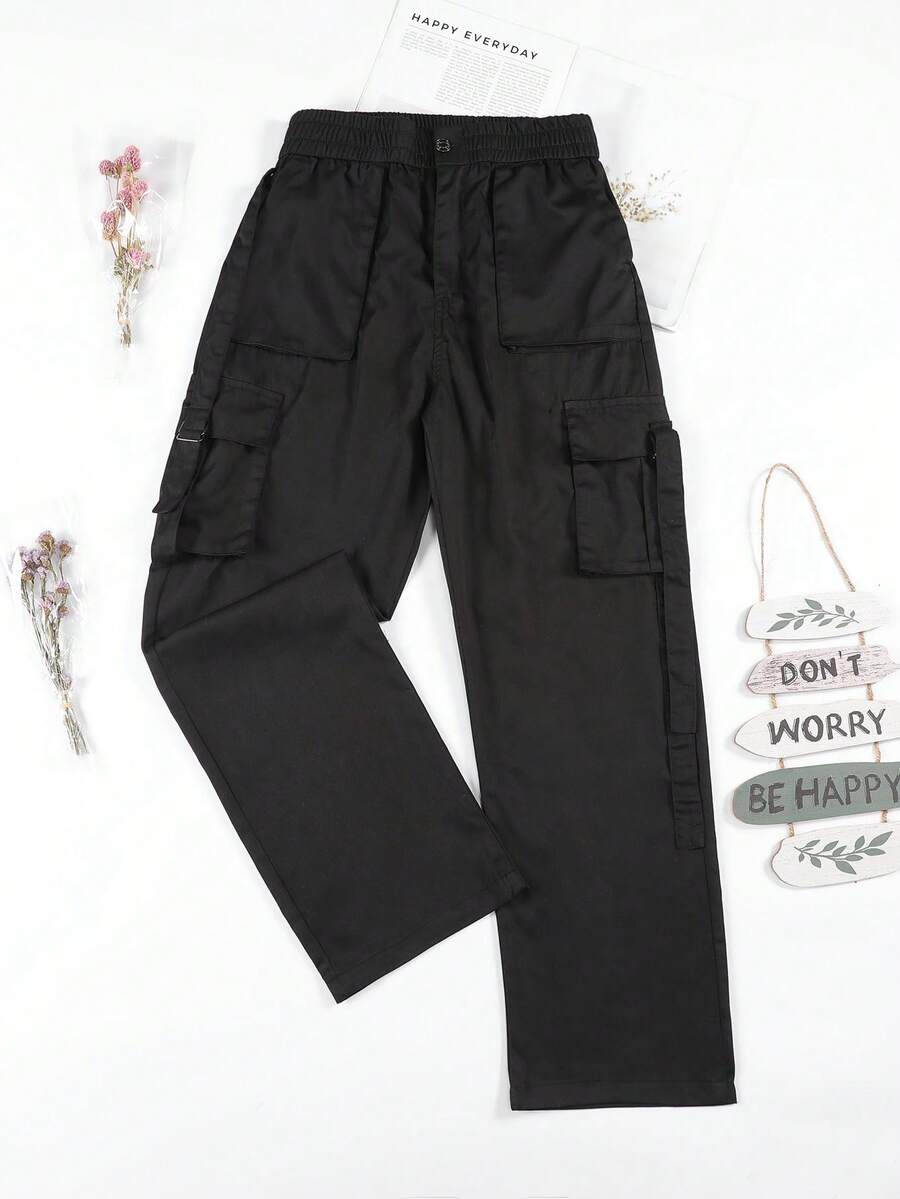 Vaqueros oscuros de mujer, estilo de cintura alta y pierna ancha con bolsillos tácticos, ideales para salidas diarias, compras, viajes y moda casual - Negro - Ver 1