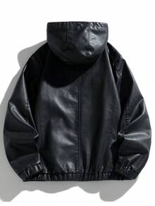 男士春秋休闲连帽皮革机车夹克，Grunge - 黑色 - 查看 2