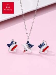1 Pieza Conjunto de collar y 1 par de aretes, aleación de zinc con gota en forma de estrella de cinco puntas roja, azul y blanca, conjunto de joyas lindas adecuado como regalo para el 4 de julio