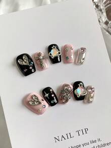 Un conjunto de colores negro y rosa, planeta dulce y fresco, uñas postizas hechas a mano lindas y dulces para chicas, salto de color negro clásico y fresco, adecuado para fiestas, cumpleaños y otras ocasiones, suministros de uñas - Multicolor - Ver 2