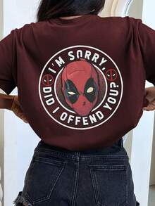 Marvel Áo thun họa tiết Deadpool, 100% cotton, Áo thun nữ cổ tròn tay ngắn, mặc thường ngày, xuân hè, thoải mái - màu đỏ hạt dẻ - Xem 2