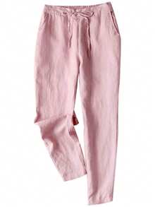 Lanwont Women's Linen Trousers Summer Casual High Waist Drawstring White Beach Pants - 粉色 - 查看 1