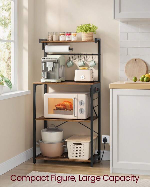 VASAGLE Kitchen Bakers Rack With Power Outlet, 4-Tier Coffee Bar With Adjustable Shelf, Microwave Stand, Paper Towel Holder, 40 X 60 X 140 Cm, Rustic Brown And Ink Black