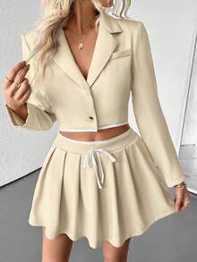 白色和杏色撞色长袖单扣短款西装外套和百褶裙两件套休闲通勤老款风格新款女装 - 淺杏色 - 查看 5