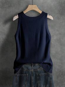 French Retro Elegant Solid Color Sleeveless Knit Camisole Top For Women, Spring/Summer/Autumn - Navy Blue - View 2