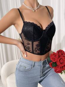 1pc Women Sexy French Style Lace Patchwork Sleeveless Backless Crop Top