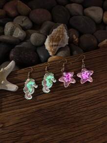 1 Pair Of Luminous Earrings With Ocean Creatures Design - Sea Horse, Crab, Turtle, Starfish For Beach Party & Music Festival