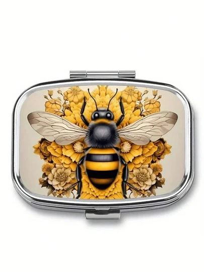 1 个向日葵和蜜蜂设计药盒 - 方形，2 个隔层，无味防潮便携式药盒，适合旅行和户外，也适用于装饰珠宝、维生素储存