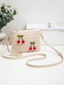 New Straw Cherry Design Versatile Crossbody Bag, Small Square Shoulder Bag, Sweet & , Wholesale, Spring/Summer - Beige - View 2