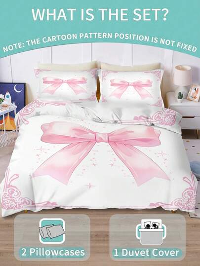1/3PCS Pink Bow Bedding Set,Twin Full Size King Queen Size, 1 Duvet Cover & 2 Pillowcases, Machine Washable, Lightweight & Breathable